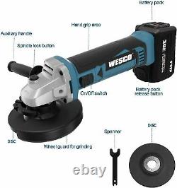 Angle Grinder, WESCO 18V 4.0Ah Cordless Angle Grinder, 8000 RPM Motor, 3 Metal G